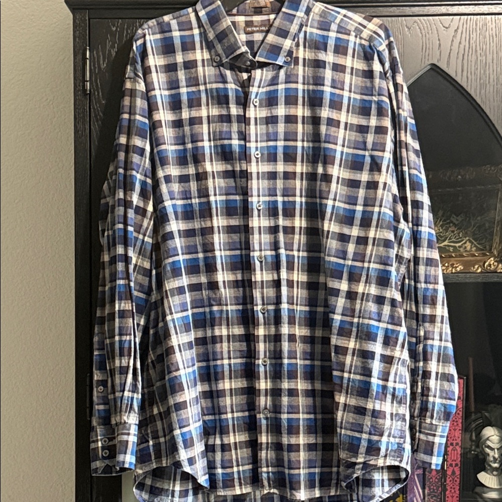 Peter Millar Blue and White Plaid Button-Down Shirt